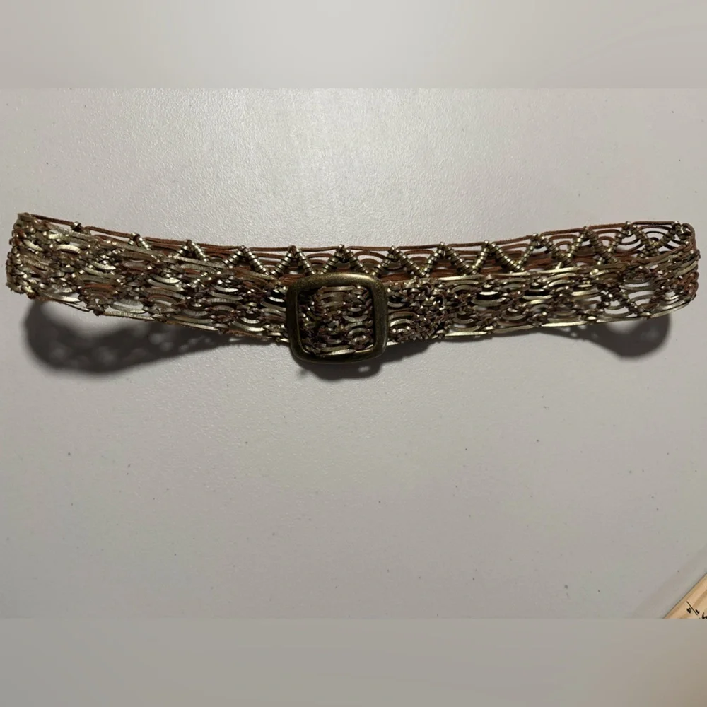 Fossil Gold Woven Genuine Leather Belt Size Small Beach Coastal Boho Festival